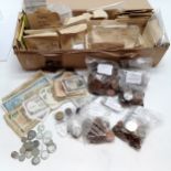 Large qty of coins in a box organised into countries / denominations inc some silver (George III