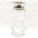 Unusual silver and mother of pearl topped castor/ dredger 11cm high with cut glass body - in overall