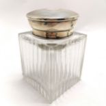 Large square topped silver hallmarked jar with ribbed detail. Has chips to the body.