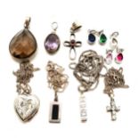 Qty of silver marked stone set pendants inc amethyst, garnet, heat treated ruby - longest chain 54cm