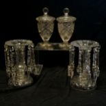 Pair of clear glass hand cut lustre vases (slight nibbles) t/w pair of lidded bonbonnieres (22cm
