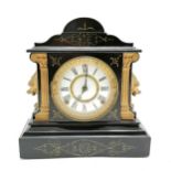 Antique slate and cast iron mounted mantle clock with gong strike movement (with pendulum & key) -