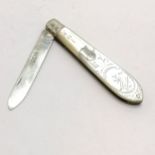 Silver hallmarked and mother of pearl folding fruit knife Sheffield 1900 with bird detail to