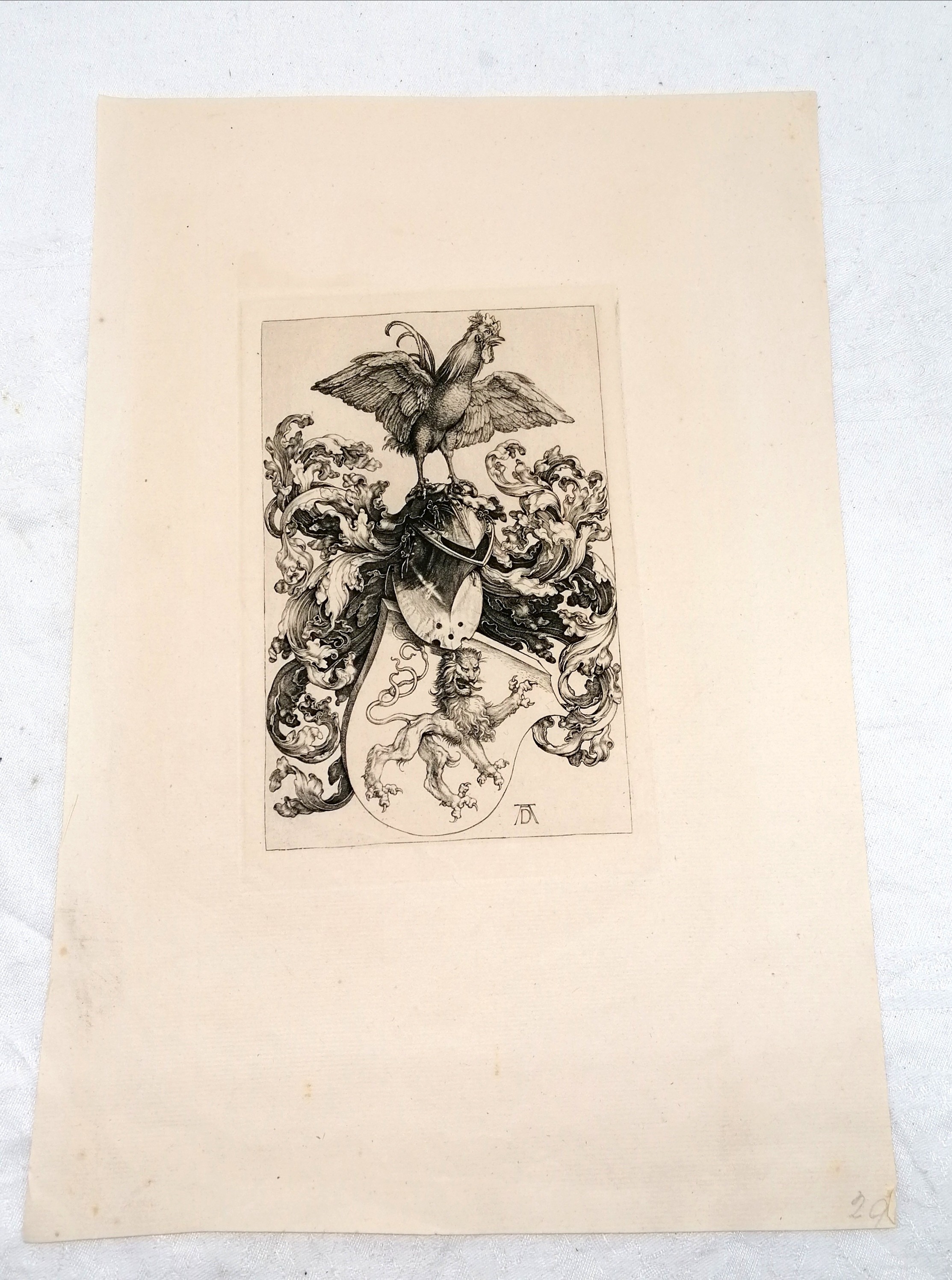 Engraving of a coat of arms with lion and rooster after c.1502 etching ...