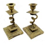 Antique brass candlesticks with dolphin detail to column - 18cm high ~ 1 top loose otherwise no