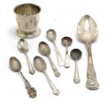 Silver egg cup (slight dents), antique silver spoon, 800 silver rose decorated spoon + 6 spoons (3