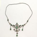 925 silver marked classical style green stone (test as emeralds?) and marcasite set necklace -