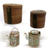 2 x antique Chinese / Cantonese famille rose teapots in their original wicker basket carriers -