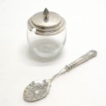 Silver hallmarked lidded glass conserve pot, lid 38g (10cm high with no obvious damage) T/W a silver