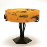 French Art Deco signed art glass tazza on wrought iron stand - 25cm diameter x 24cm high ~ slight