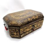 Antique Chinese lacquer sewing box with bone fittings and a drawer with a writing slope - Has some