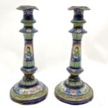 Pair of antique Chinese cantonese enamel candlesticks with detachable sconces - 32cm high & both