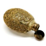 Antique hand blown scent bottle, with gilded filigree metal decoration, 10 cms length, 6 cms