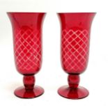 Contemporary pair of ruby glass decorative vases with crosshatched detail - 25cm high