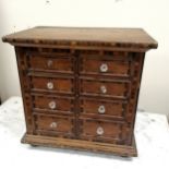19th C continental inlaid 8 drawer mahogany table cabinet. 50cm wide x 33cm deep x 50cm high. Damage