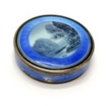 Continental silver & guilloche enamel pot with hand painted inset lid of a lake scene signed WD -