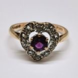 9ct hallmarked gold amethyst + white stone heart shaped cluster ring - size O½ & 2.9g total weight