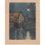 1920's signed aquatint etching of a watermill 'Moulin en Touraine' by Marcel Augis - 25.5cm x 20cm