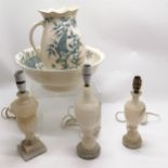 Antique Copeland jug (a/f) & basin (38cm) t/w 3 x alabaster lamps (tallest 37cm)