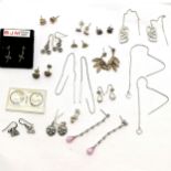 17 x pairs of silver earrings inc pink & white CZ drop earrings (5cm) etc ~ total weight 31g -