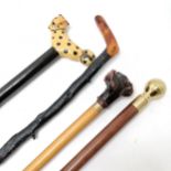 4 x walking sticks inc 1 with dogs head finial - 91cm long