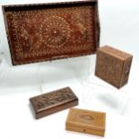 Indian bone inlaid tray (51cm x 30cm) + 3 boxes (inc heartwood)