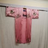 Japanese pink satin kimono with embroidered japanese scenes