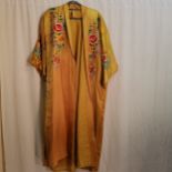 Chinese gold coloured dressing gown embroidered with flowers on back, front and sleeves in very good