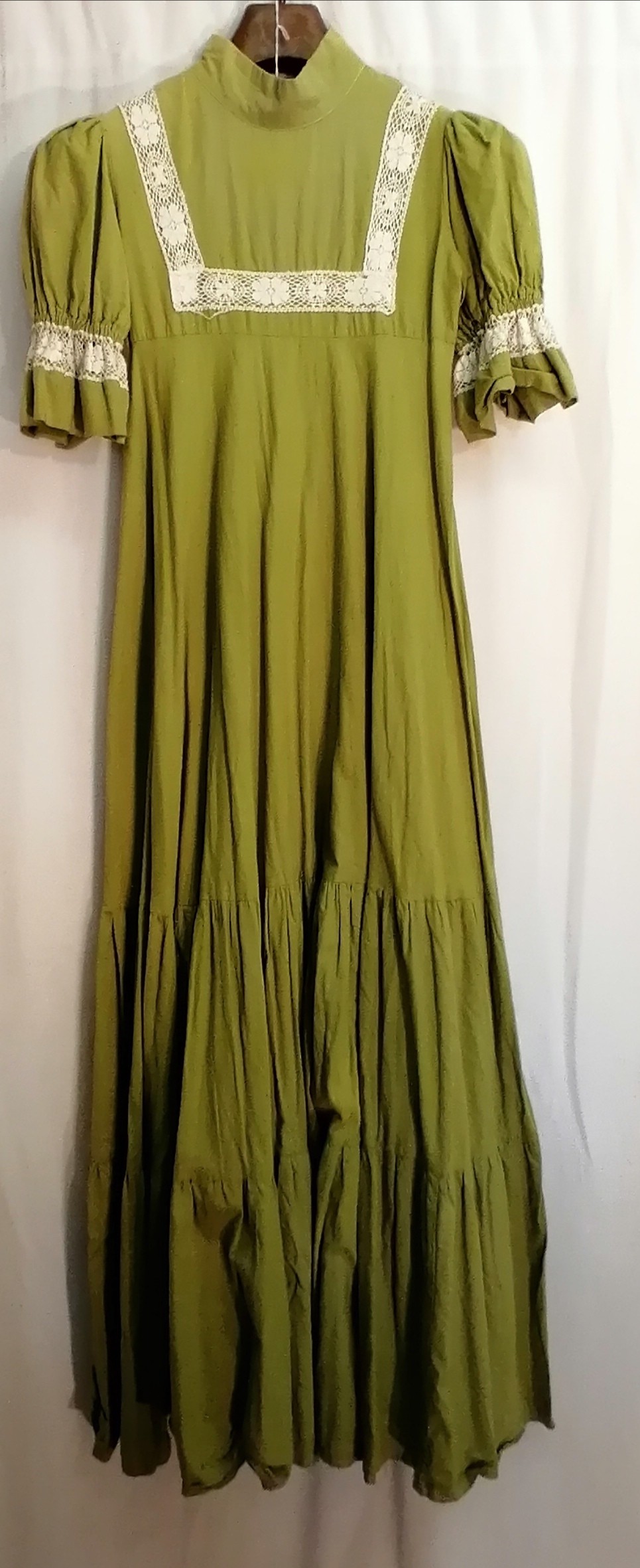 1970's long lime cotton and lace prairie dress by Laura Ashley. In good used condition