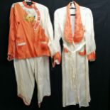 Chinese satin pyjamas, embroided front and cream figured dressing gown