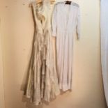 Edwardian broderie anglaise cotton dress 86cm t/w 1950's tiered nylon lace wedding dress damage to