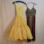 1950s chiffon pleated shoe string dress 70cm chest t/w yellow nylon dress with stiffened petticoat