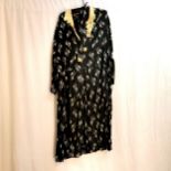 1930s navy patterned dress, cream collar, matching buttons and belt, rip on left sleeve 96cm chest