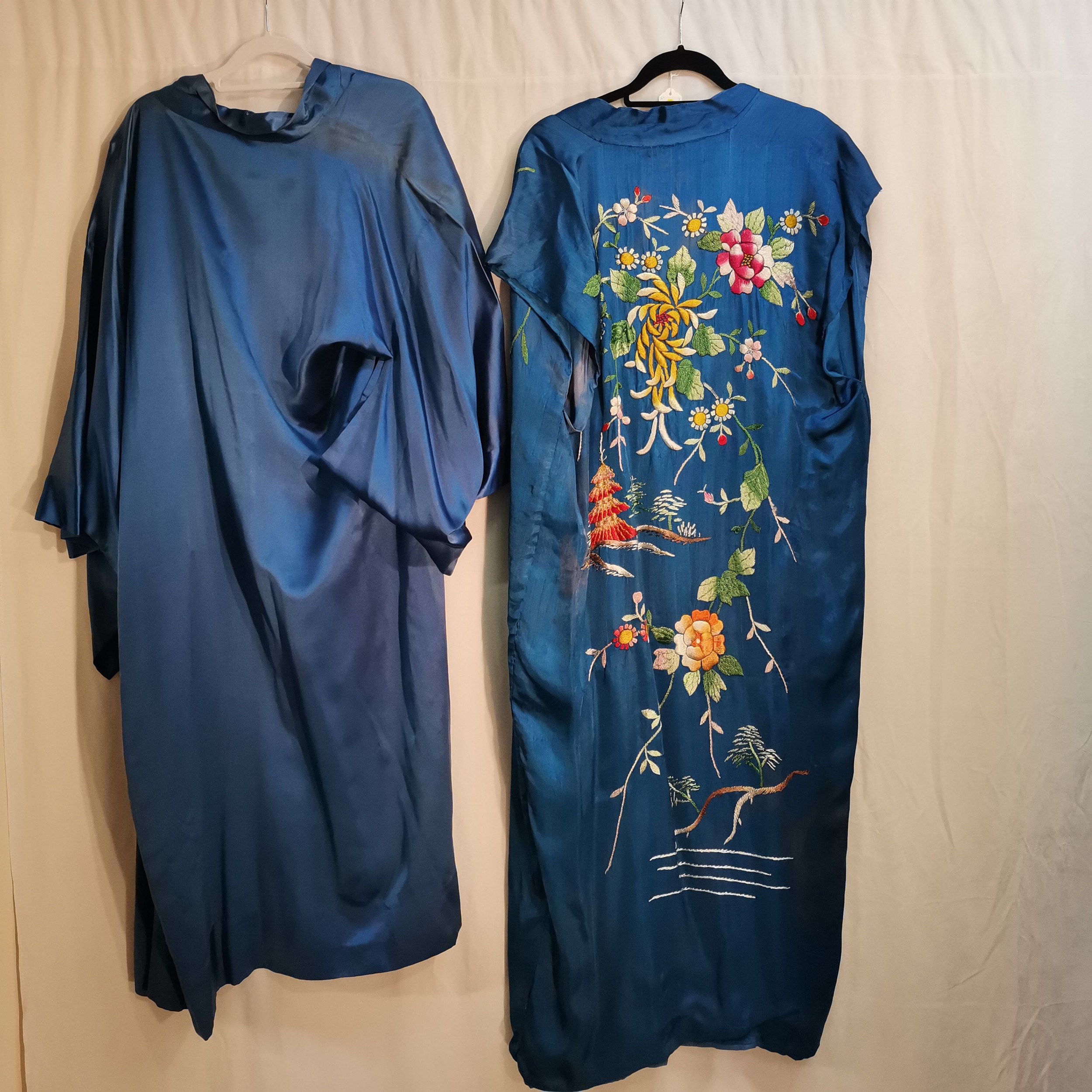 Chinese embroidered dressing gown t/w with plain blue one, in good condition