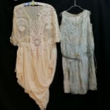 1920s satin and beadwork dress quite stained 88cm chest t/w 1920s style dress of various lace