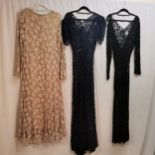 Three lace dresses one black, one blue and the other cream some damage to lace particularly the