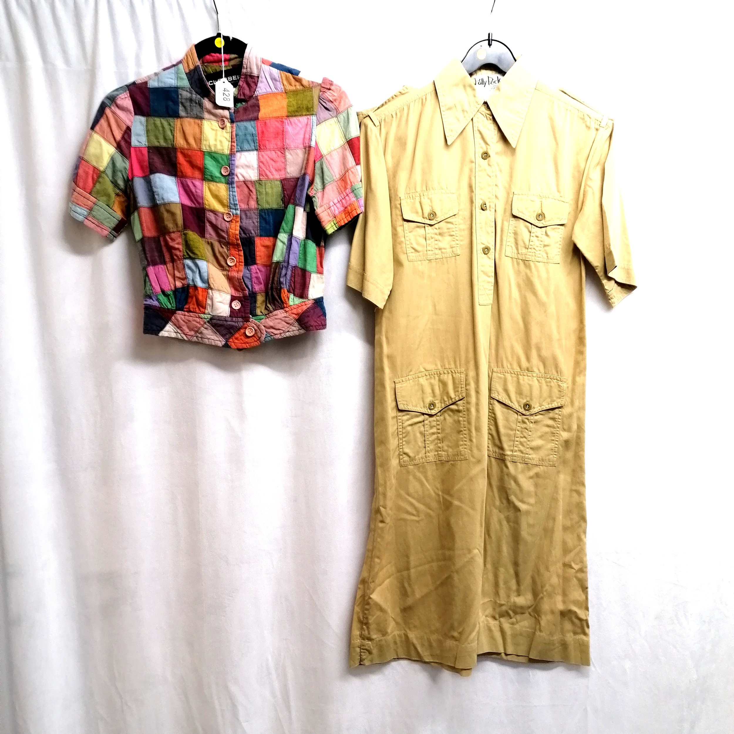 1970's Polly Peck Khaki safari dress size 10 t/w Clobber cotton multi-colour patchwork blouse.