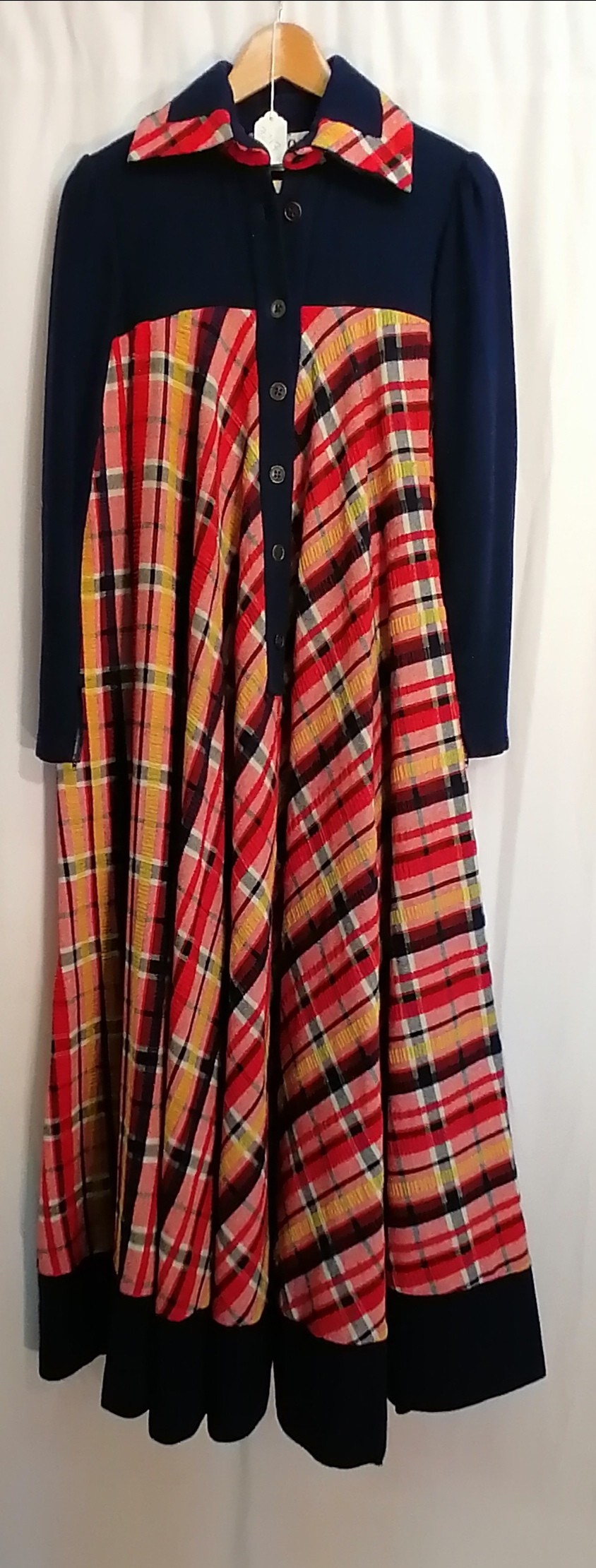 1660's/70's plaid wool and cotton maxi dress by Jean Varon. In good used condition