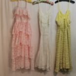 Pink shoe string strap cocktail dress 62cm chest, t/w yellow lace tiered dress shoe string strap