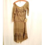 1920's coffee coloured silk chiffon beaded dress silk flower at waist, some losses to beading, small