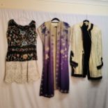 Chinese purple silk embroided tunic dress slight damage, t/w cream and black jacket in good worn
