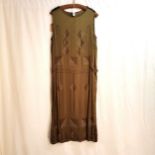 1920s dark olive silk crepe beaded dress 88cm chest- damage to shoulders and some beads missing