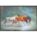 Oil painting on board of a 3 horses galloping in the snow by Frances Fry - 76cm x 51cm