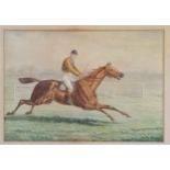 Framed watercolour of a racehorse and jockey signed E.B. Herberte 1877- 52cm x 65cm- frame has