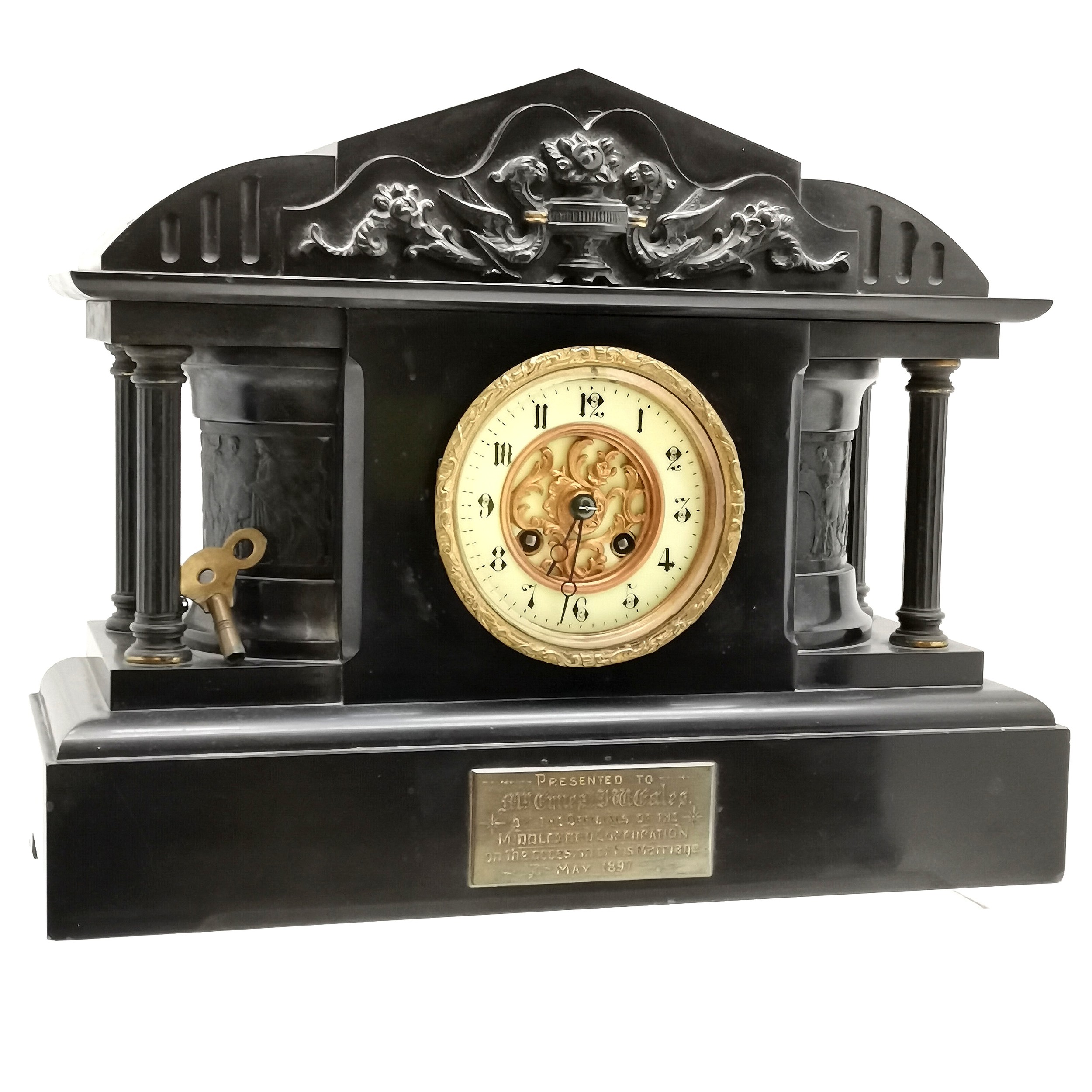 Victorian slate mantle clock, decorated with classic scenes and columns, 37.5cm wide x 32cm high x