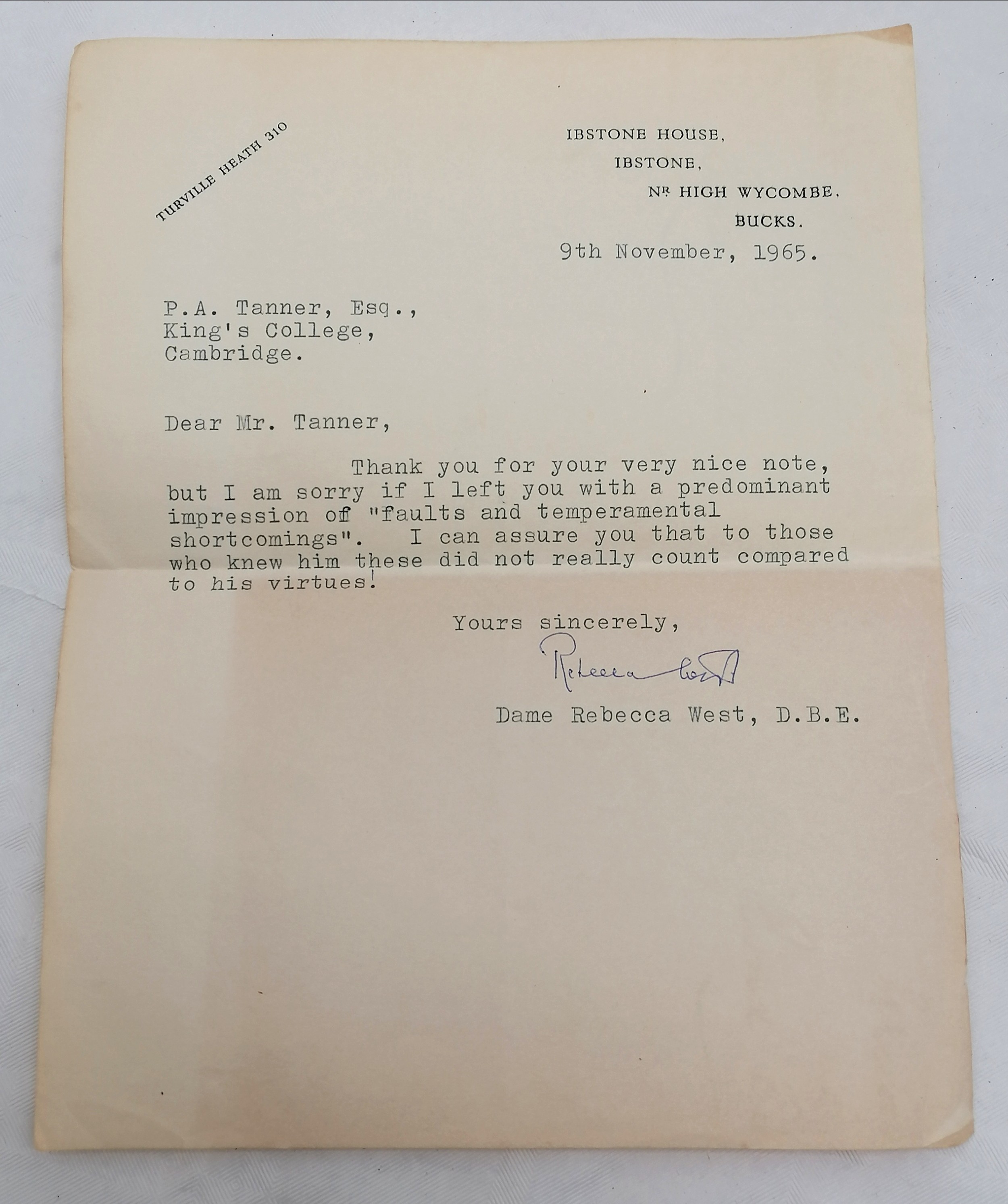 1965 typed letter signed by Dame Rebecca West DBE (1892–1983) t/w 1959 paperback book Youth by - Image 2 of 4