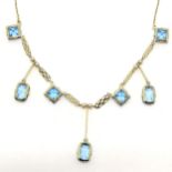 Antique 9ct marked gold necklet set with blue stones, pearls and panel detail & pendant drop -