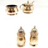 Mappin & Webb 4 piece silver cruet set - pepper 7.5cm & 1 glass liner has chips to top ~ silver