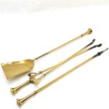 Antique brass companion set, with reeded decoration to handles, comprising of tongs, poker and