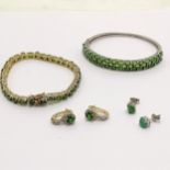 Qty of silver jewellery inc green stone set bangle, bracelet + earrings (set with small diamond),